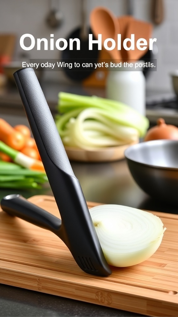 An onion holder tool with prongs and handle beside a sliced onion on a cutting board.
